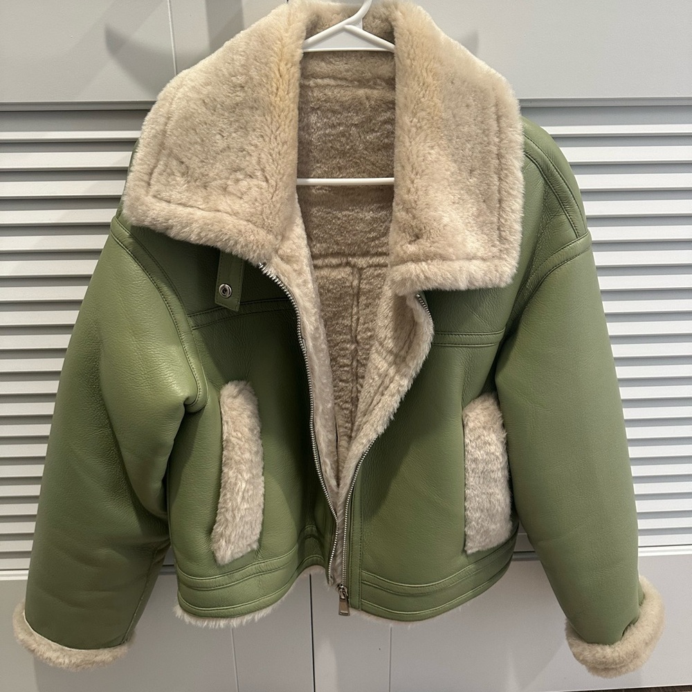 Olive Leather Jacket with faux Shearling Lining